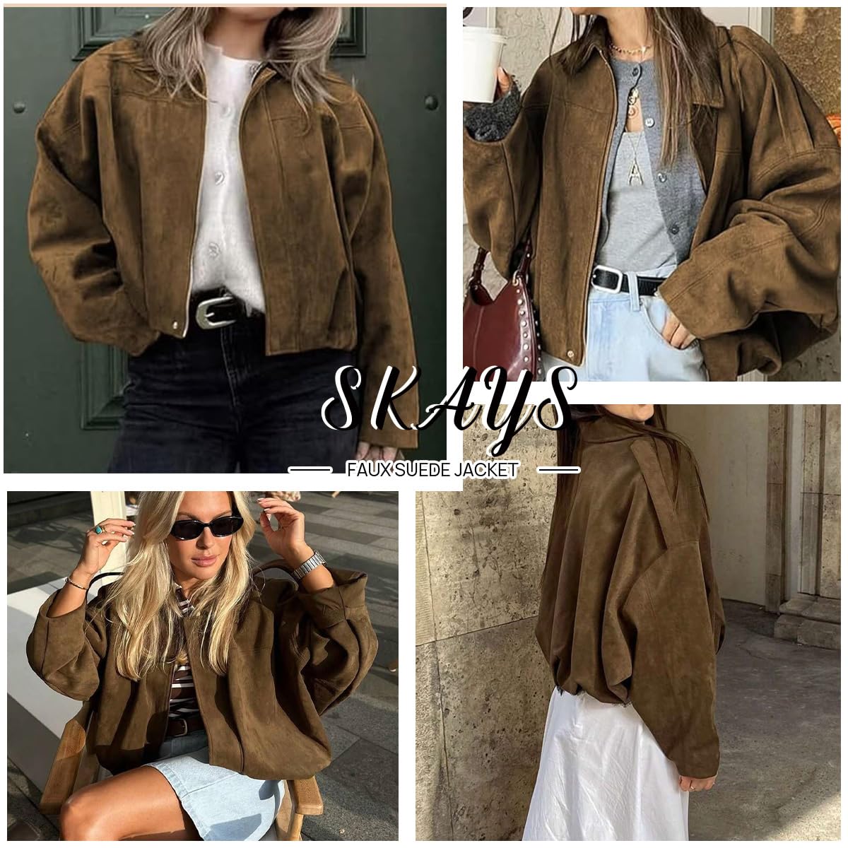 SKAYS Womens Faux Suede Bomber Jacket Lightweight Zip Up Cropped Lapel Pilot Jackets Oversized Casual Motorcycle Coat Beige M