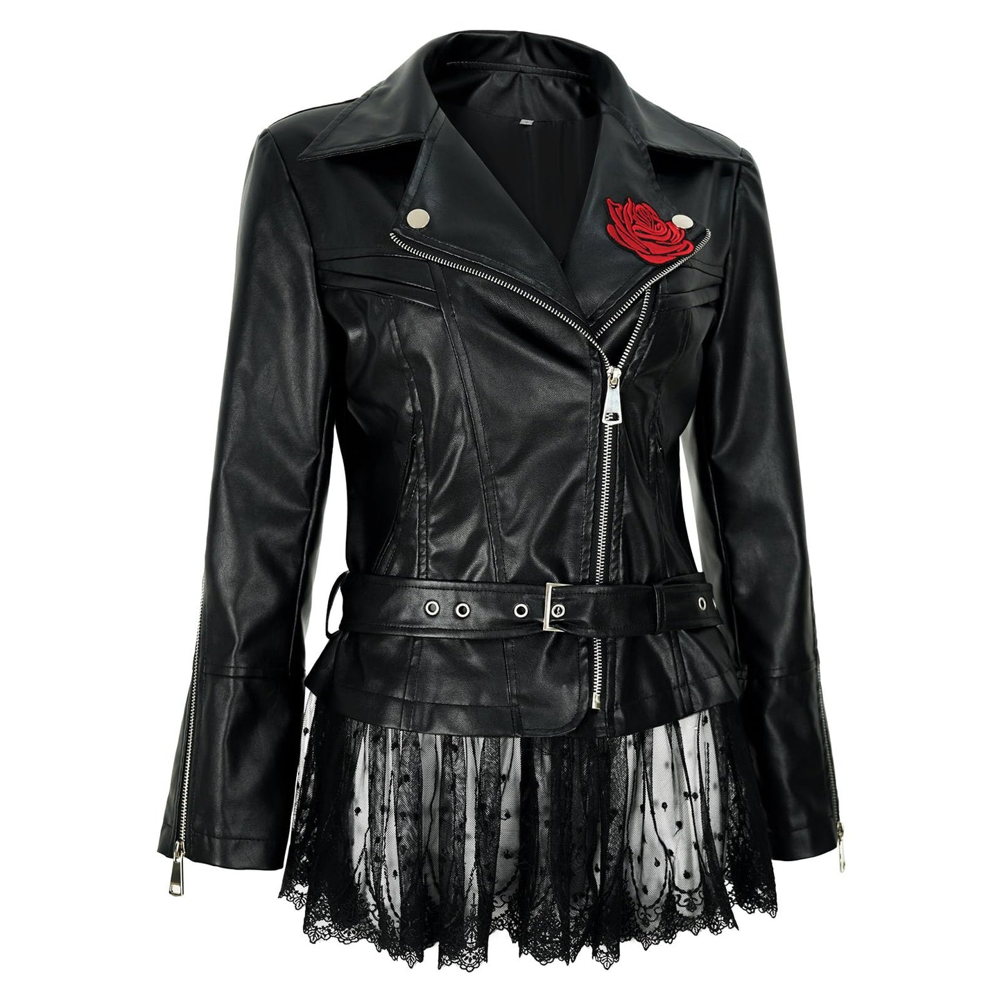 NEKIFUI Women's faux leather lace moto jacket with Peplum rose vintage riding coat(Z3526,3XL)