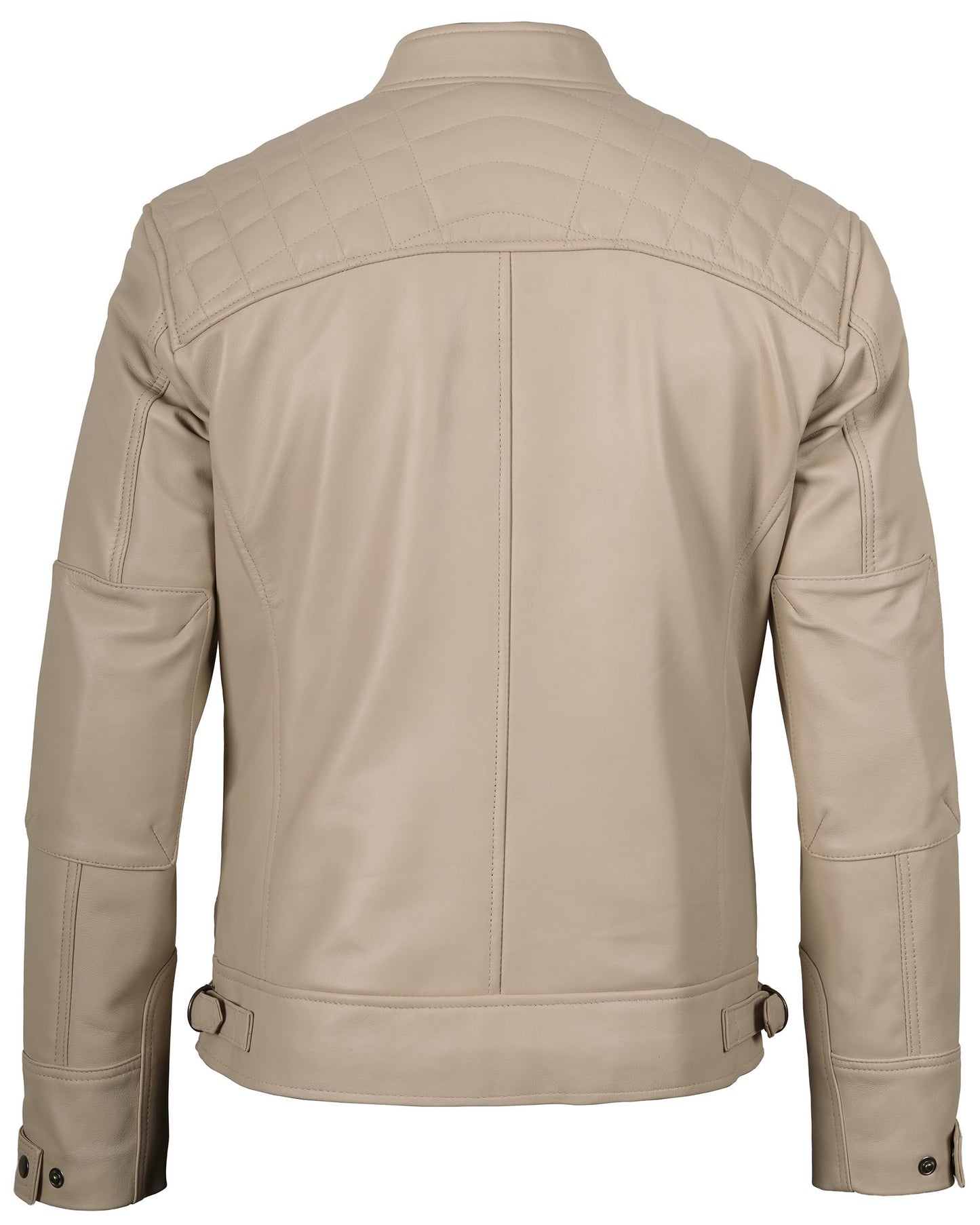 fjackets Real Lambskin Leather Jackets For Mens — Moto Quilted Cafe Racer Zip Up Moto Leather Jacket Men | [1124214] Johnson Beige, L