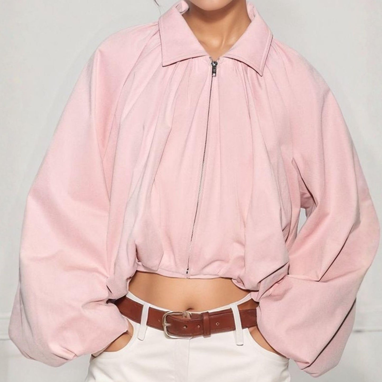 Xunger Women’s Puff Sleeve Bomber Jacket Casual Lapel Collar Full Zip Loose Fit Fashion Spring Fall Crop Pleated Shirts(1129-Pink-M-RD)