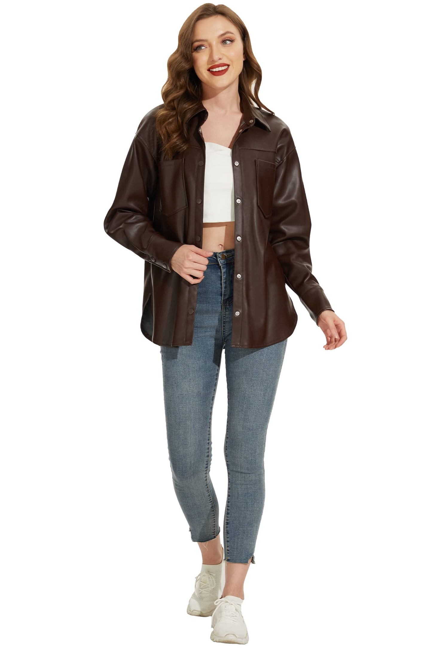 Fahsyee Women Faux Leather Shacket Moto Biker Shirts Loose Fit Blazer Long Sleeves Button Casual Jacket Plus Size S-XXL