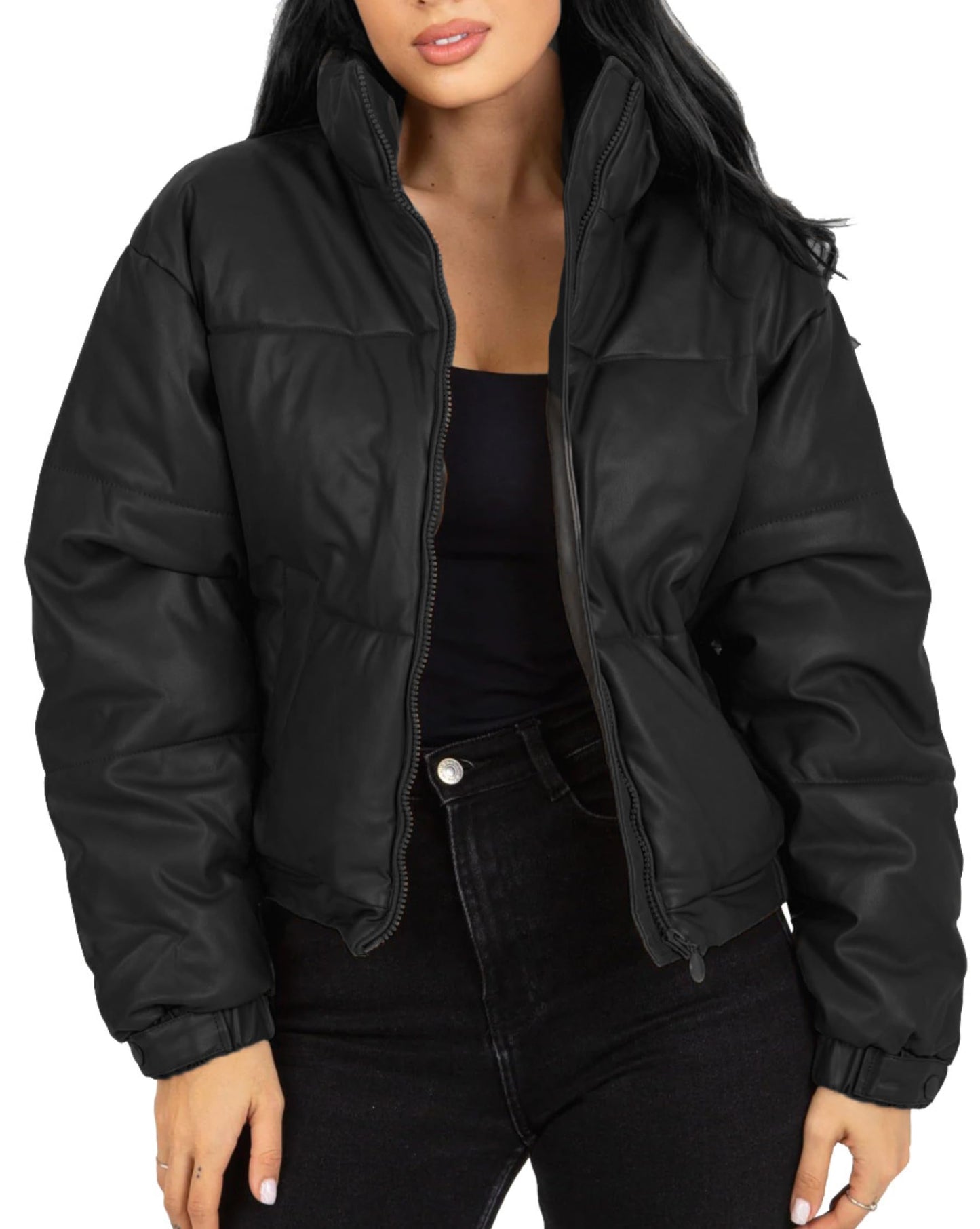 Women’s Genuine Leather Puffer Jacket - Long Sleeve Winter Warm Quilted Fashion Jacket for Women – 100% Lambskin (US, Alpha, Medium, Regular, Regular, Black)