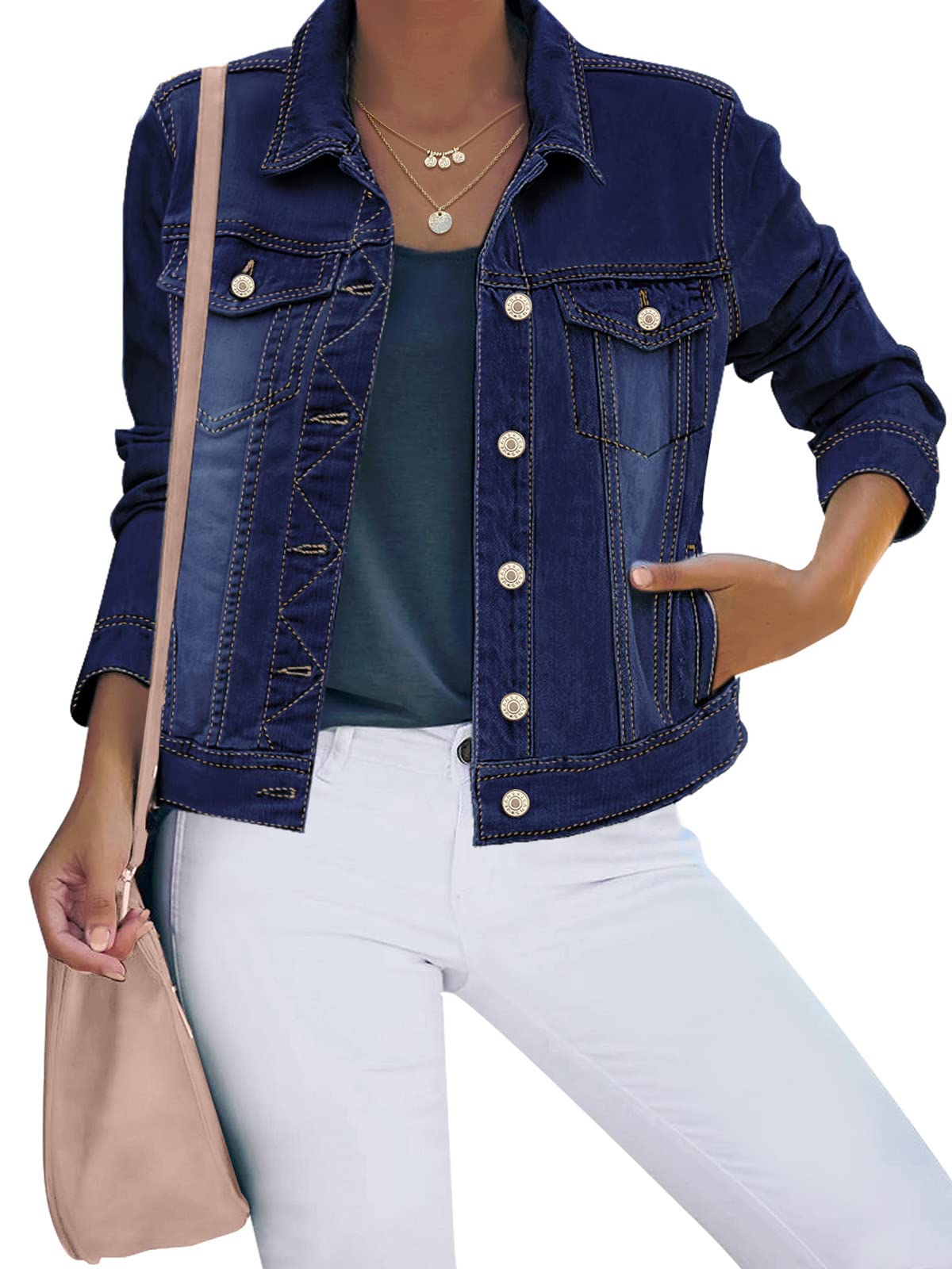 luvamia Women's Basic Button Down Stretch Fitted Long Sleeves Denim Jean Jacket Deep Blue Size Medium