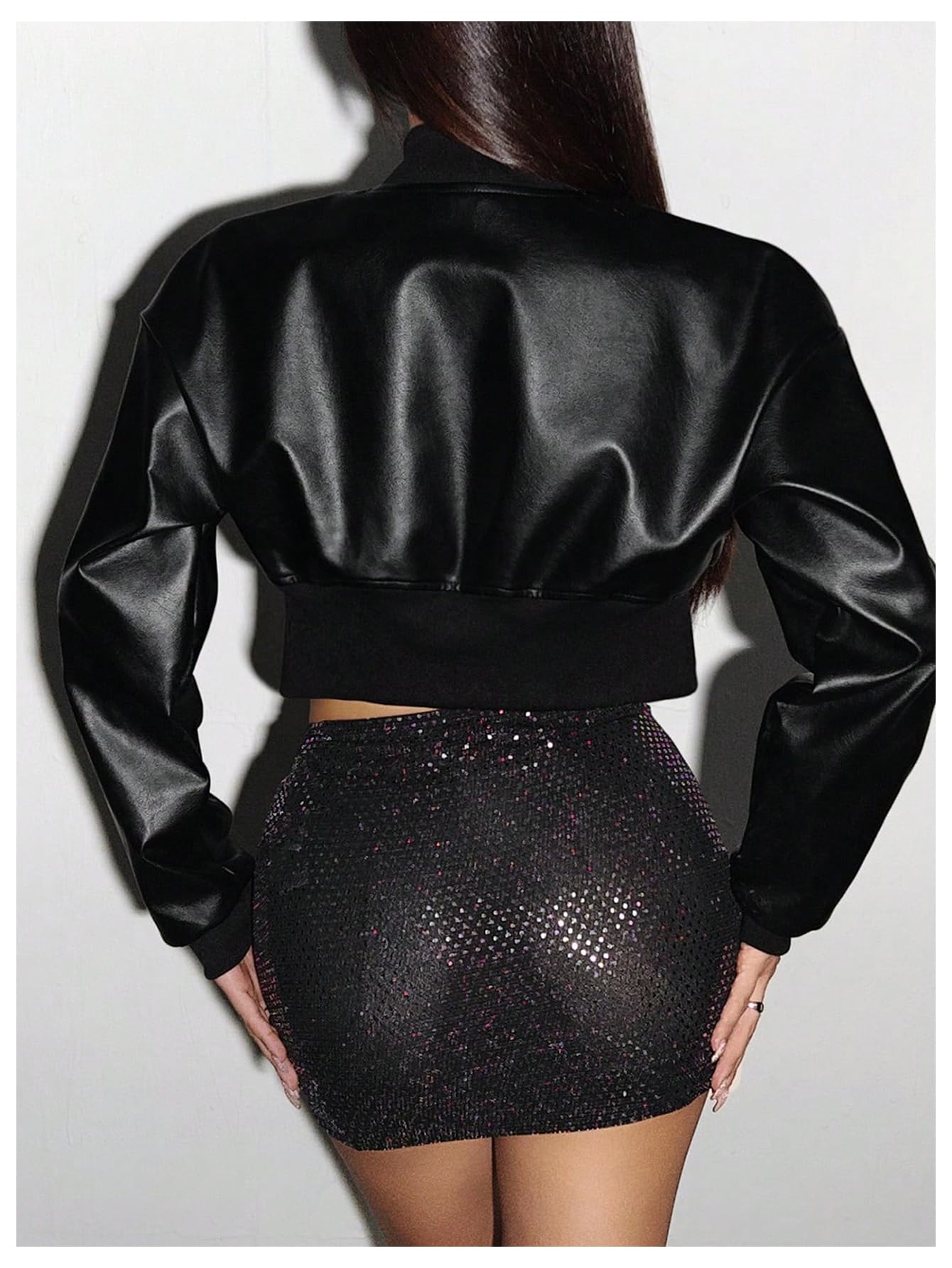 GORGLITTER Women's Cropped Leather Jacket Zip Up Long Sleeve Bomber Jackets Cinched Waist Motos Biker Motocycle Coat Black Small