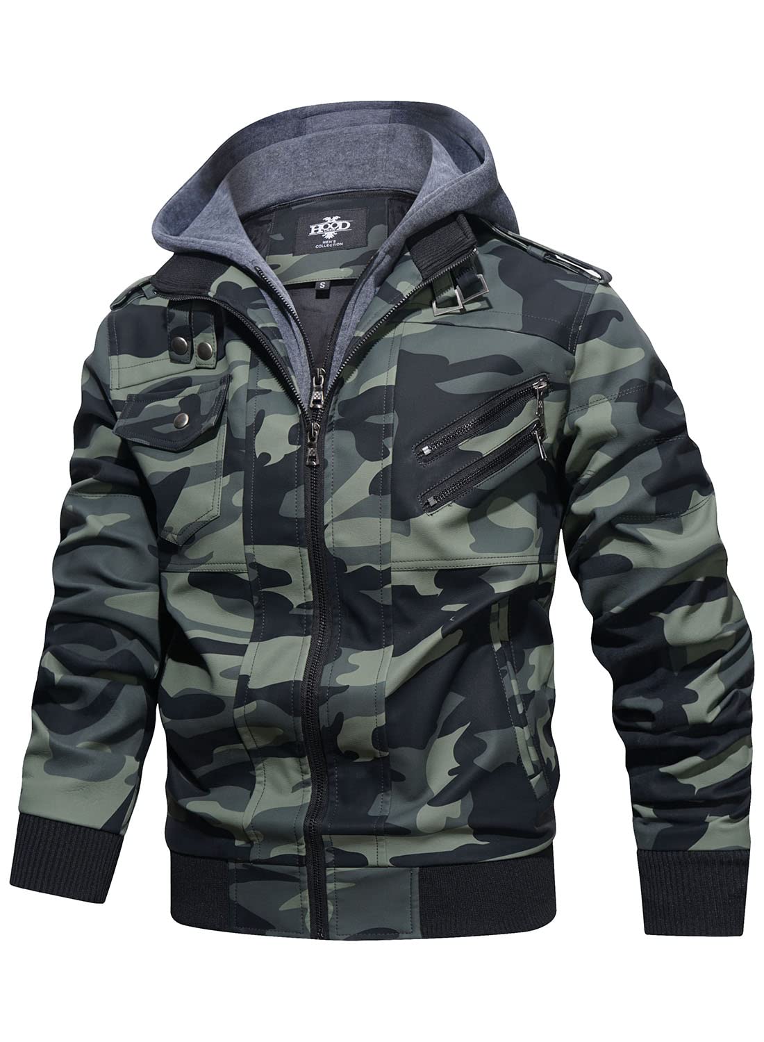 HOOD CREW Men’s Casual Stand Collar PU Faux Leather Zip-Up Motorcycle Bomber Jacket With a Removable Hood Camouflagegreen L