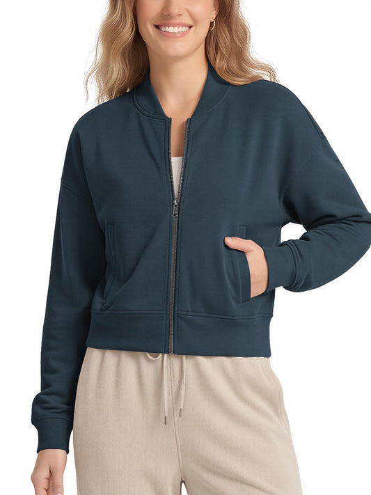 ODODOS Modal Soft Full-Zip Bomber Jacket for Women Long Sleeve Casual Fall Outfit Crop Top with Pockets, Deep Blue, Large