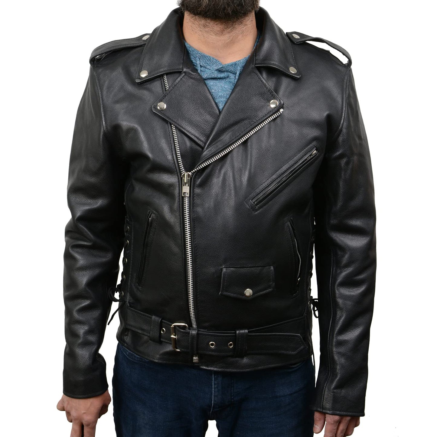 Milwaukee Leather SH1011 Men's Classic Brando Premium Leather Black Motorcycle Riders Leather Jacket w/Side Laces - Medium