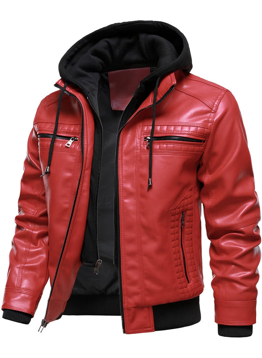 HOOD CREW Men Faux Leather Jacket with Detachable Hood Casual Motorcycle Bomber Jackets Outerwear Red L