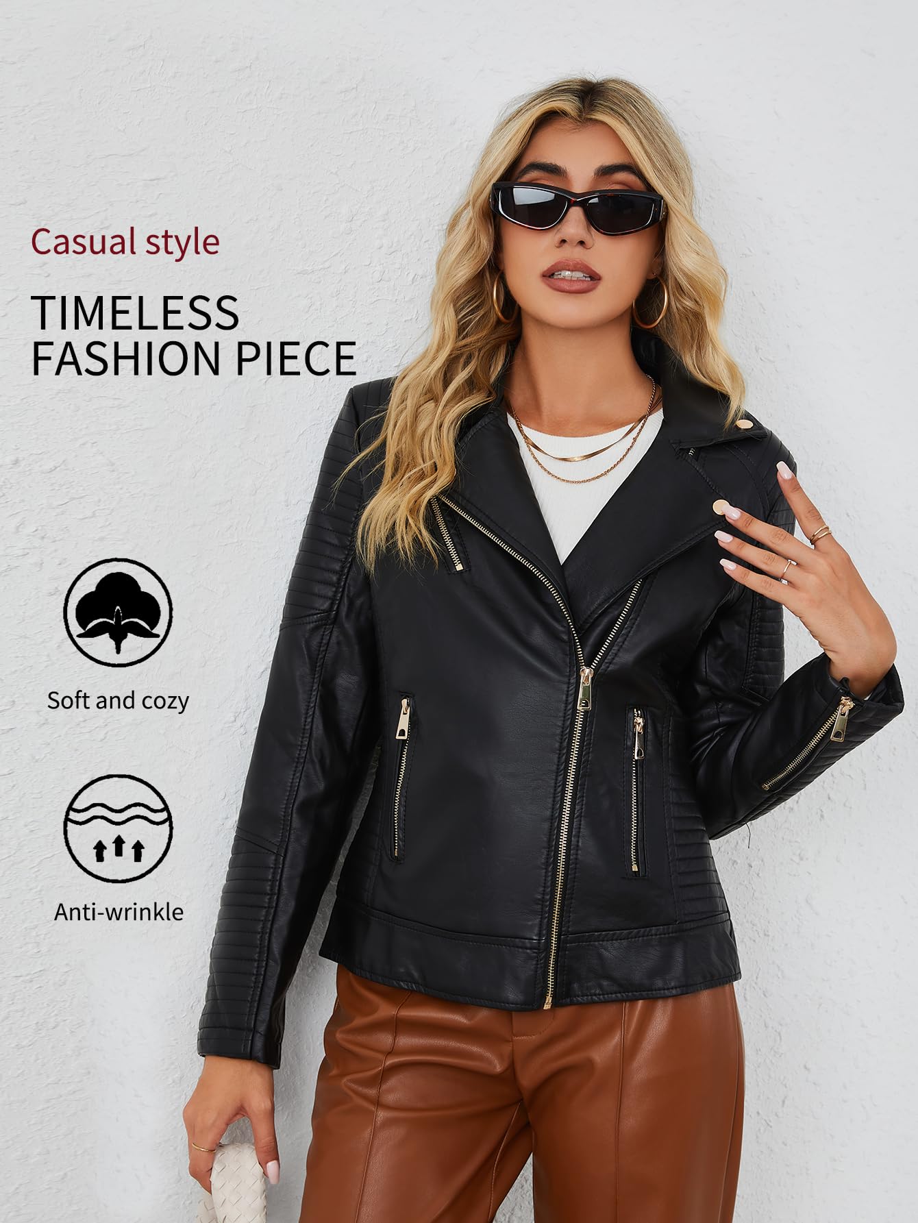 Bellivera Women's Faux Leather Casual Jacket 2026 Spring Trendy Motorcycle Outfits Lightweight Classic Coat 53 Black XL