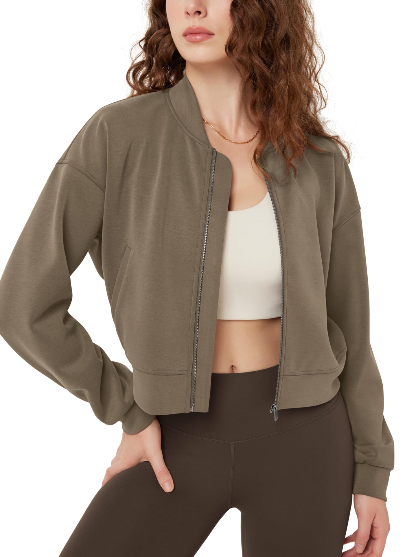 ODODOS Modal Soft Full-Zip Bomber Jacket for Women Long Sleeve Casual Fall Outfit Crop Top with Pockets, Espresso, X-Small