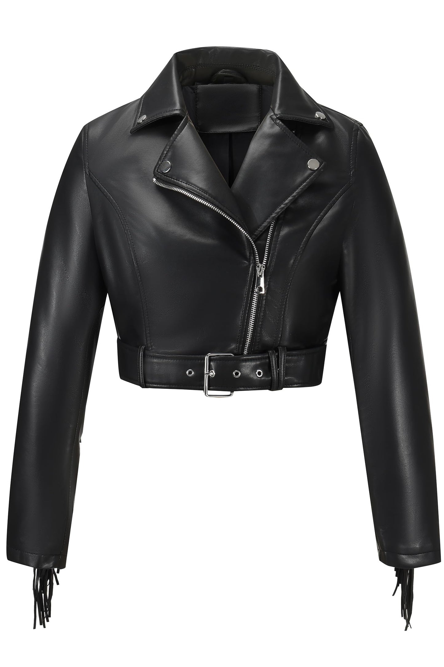 XULIKU Women Faux Leather Jacket, Fall Spring Lapel Short Cropped Vegan Zipper Up Fringe Tassel Trim Pleather Coat with Belt,Pocketless,Black,XL