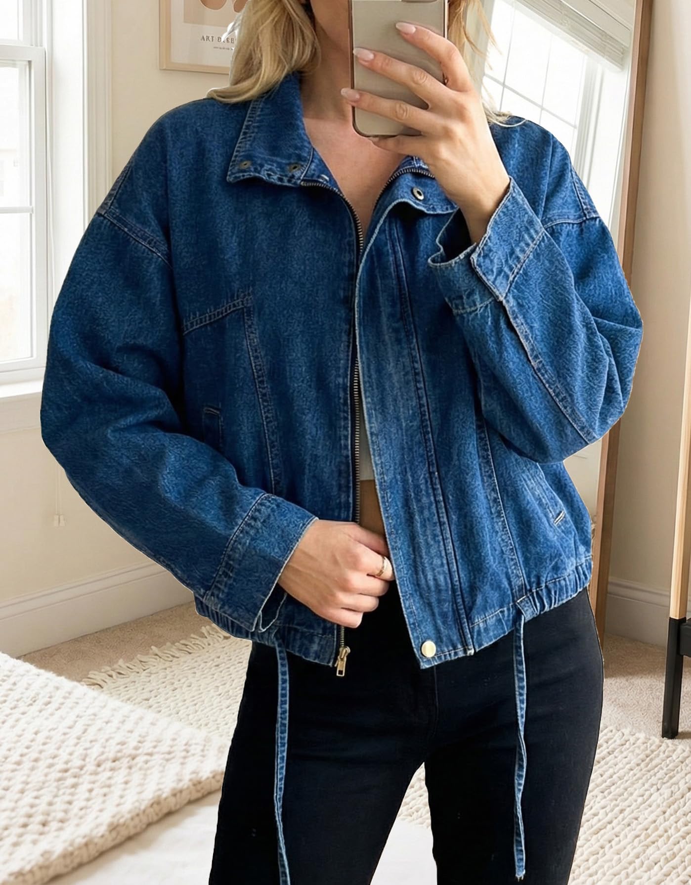 Ladyful Women's Oversized Jean Jacket Boyfriend Denim Bomber Jackets Shacket Long Sleeve Casual Trendy Zip Up Shirt Coat(Blue-XL)