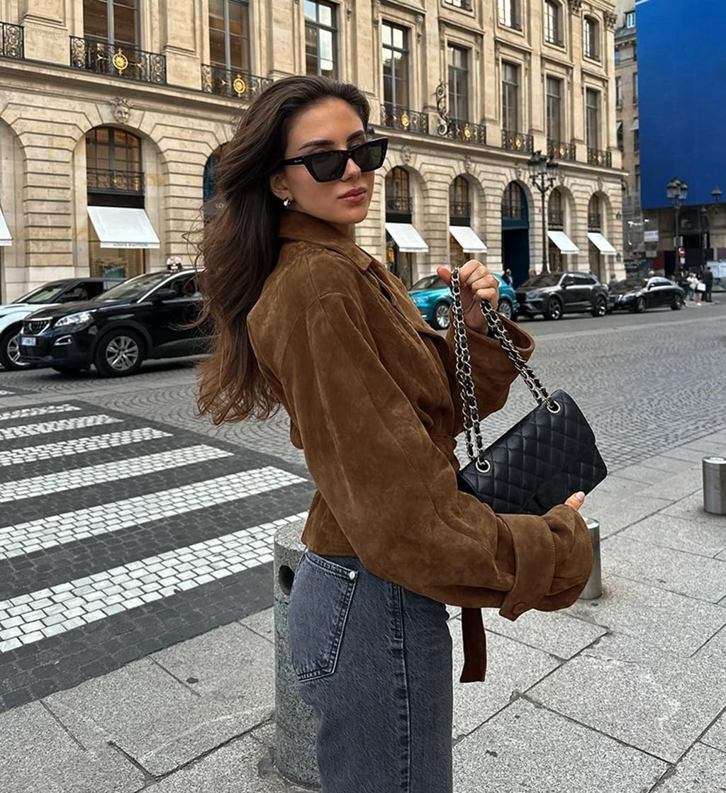 RISCUYY Suede Jacket Women Brown Belted Long Sleeve Lapel Button Down Cropped Faux Suede Jacket Women 2025