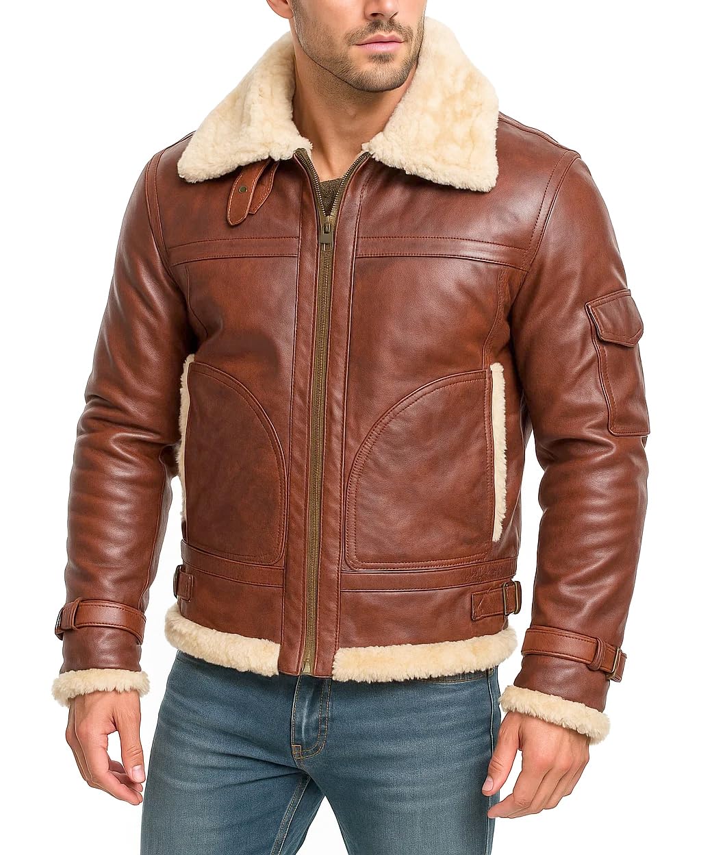 Mens B3 RAF Aviator Flight Pilot Bomber Sheepskin Leather Jacket - Flying Fur Shearling Brown Leather Jacket