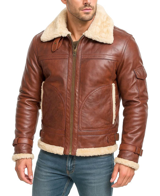 Mens B3 RAF Aviator Flight Pilot Bomber Sheepskin Leather Jacket - Flying Fur Shearling Brown Leather Jacket