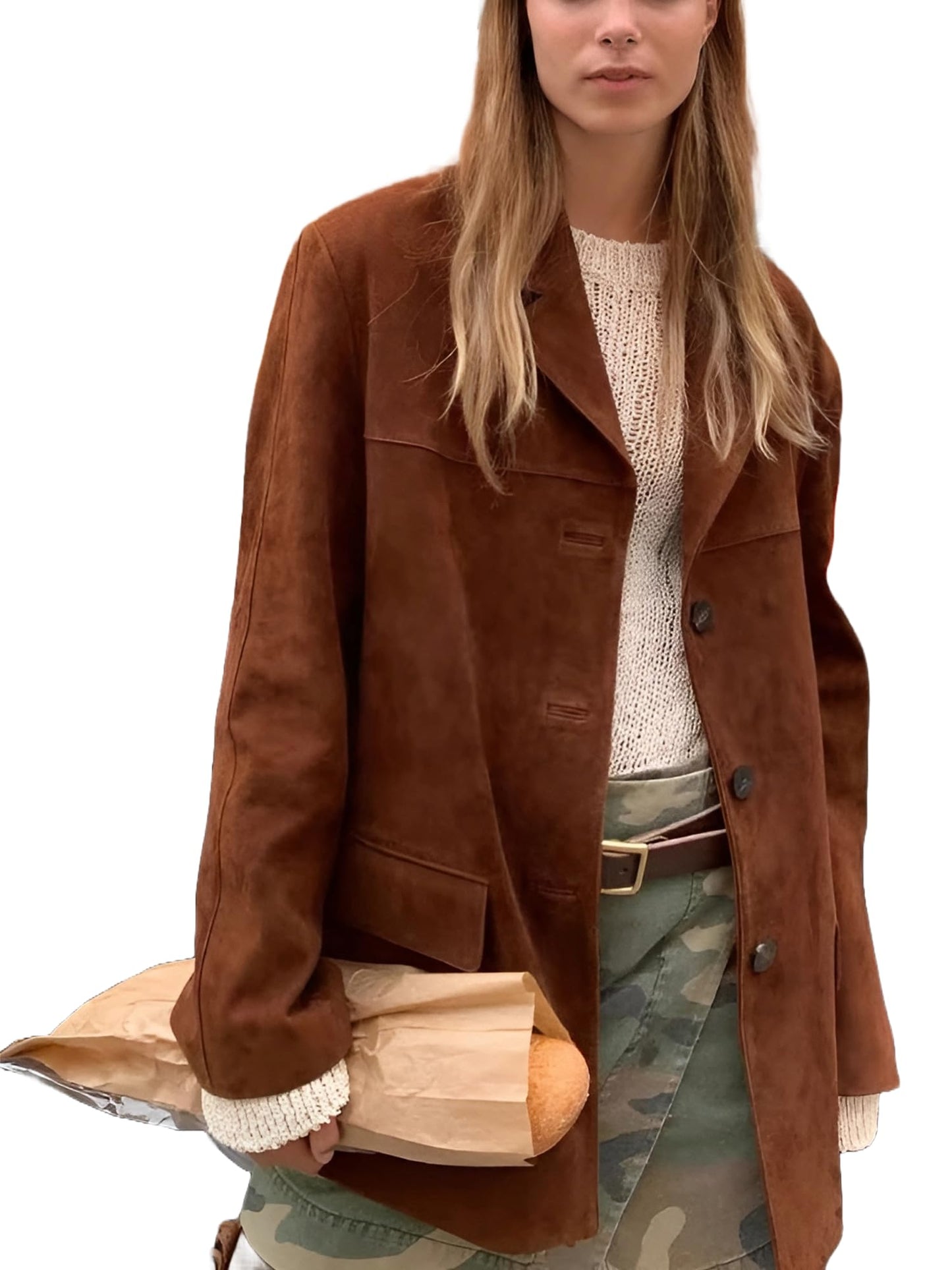 Women’s Brown Suede Leather Blazer Jacket - Oversized Casual Coat Streetwear Style
