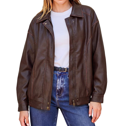 Bello vita Women's Oversized Faux Leather Moto Jacket, Casual Biker Coat with Smooth Zipper and Side Pockets, Soft Odorless Fabric