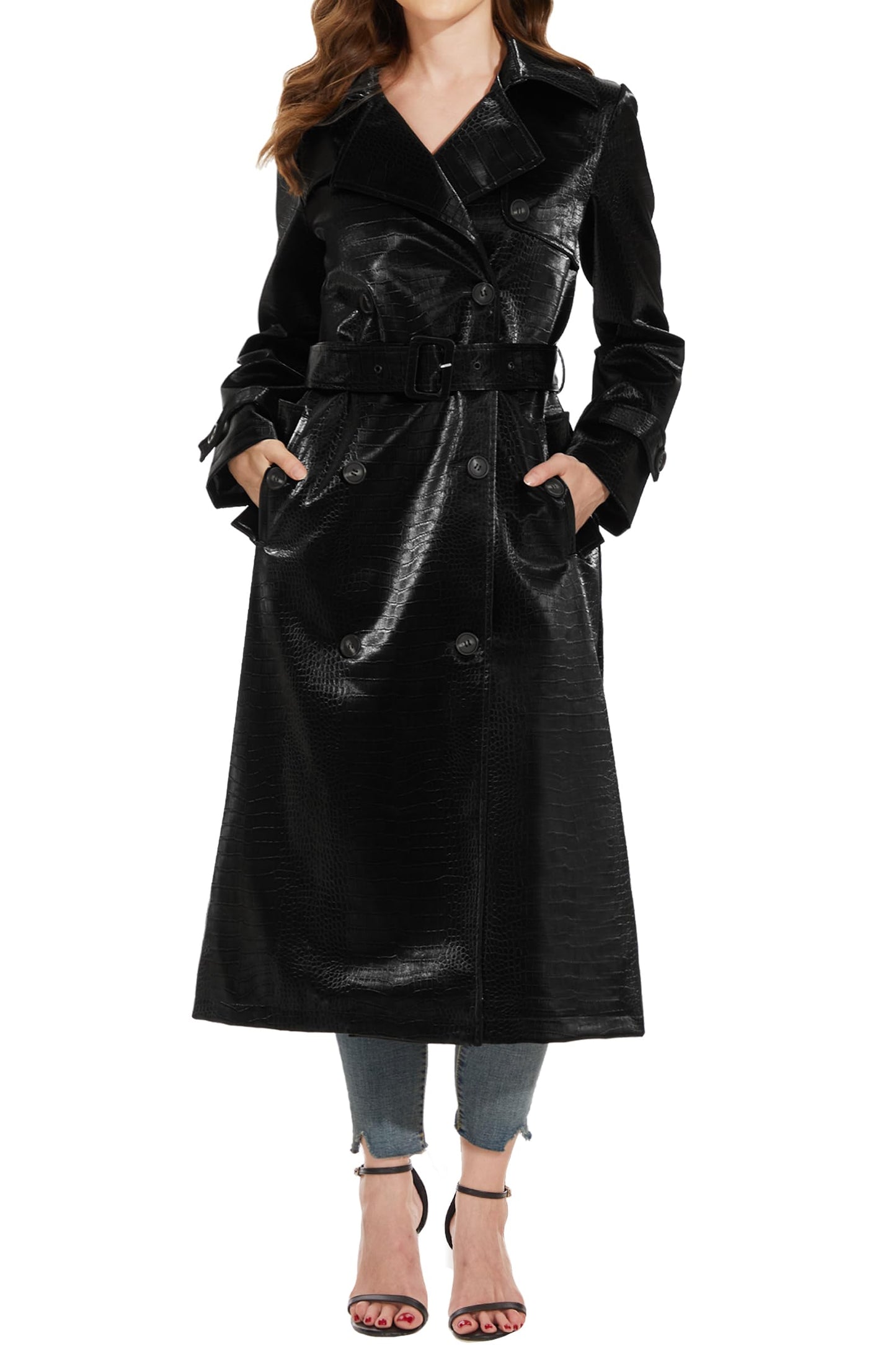 Fahsyee Women's Faux Leather Trench Coat, Zip Up Motorcycle Jackets Short PU Moto Biker Outwear Fitted Slim Jacket Black Size XL
