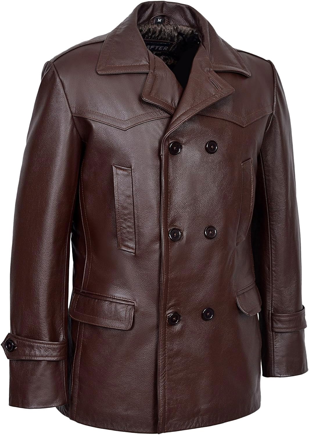 Men's Kriegsmarine German Ww2 Dr Who Reefer Hide Leather Jacket Coat Four Button Leather Car Coat - Pea Coat for Mens (US, Alpha, XX-Large, Regular, Regular, Brown)