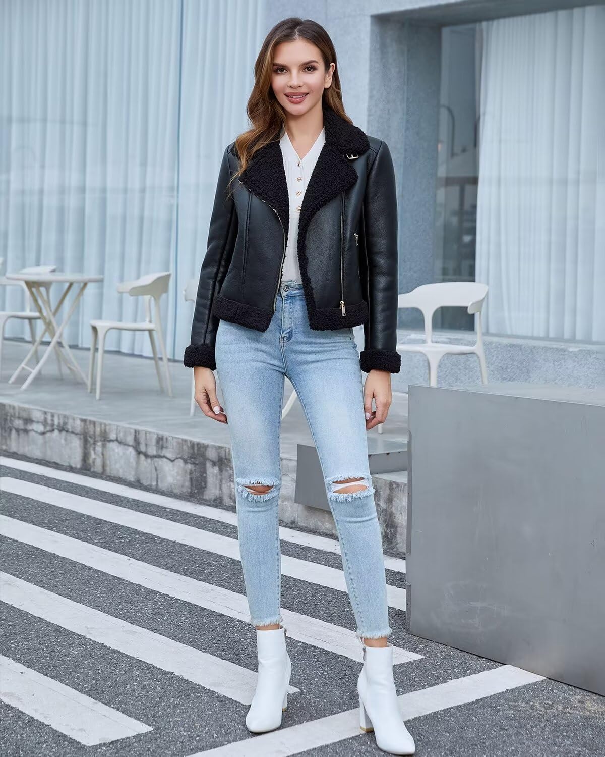 DIASHINY Women's Faux Shearing Fur Lined Coat Cropped Faux Leather Moto Sherpa Jacket Black L