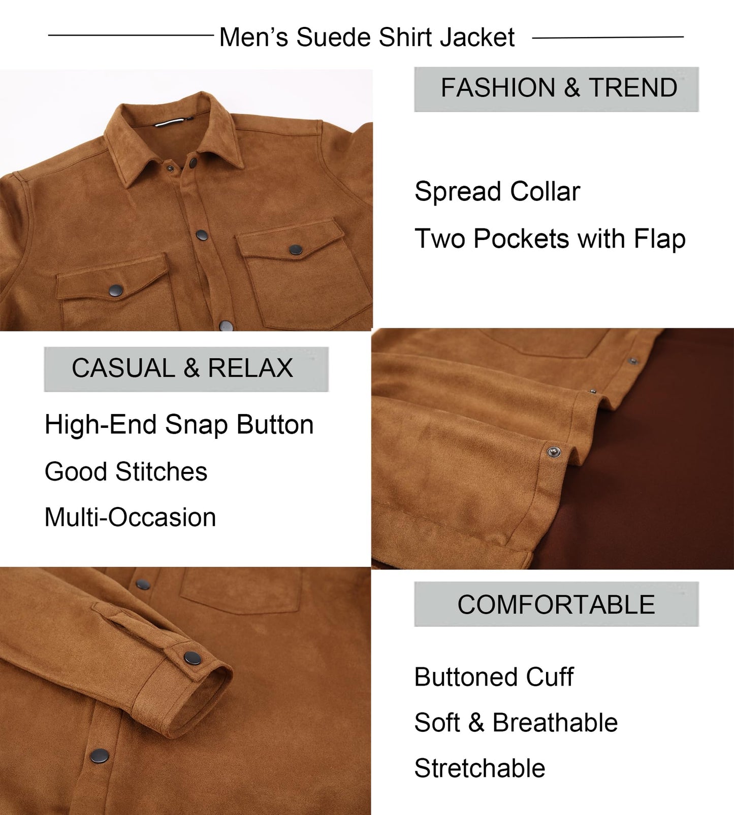 Alex Vando Mens Button Down Suede Shirt Jackets with Two Pockets,Brown,M