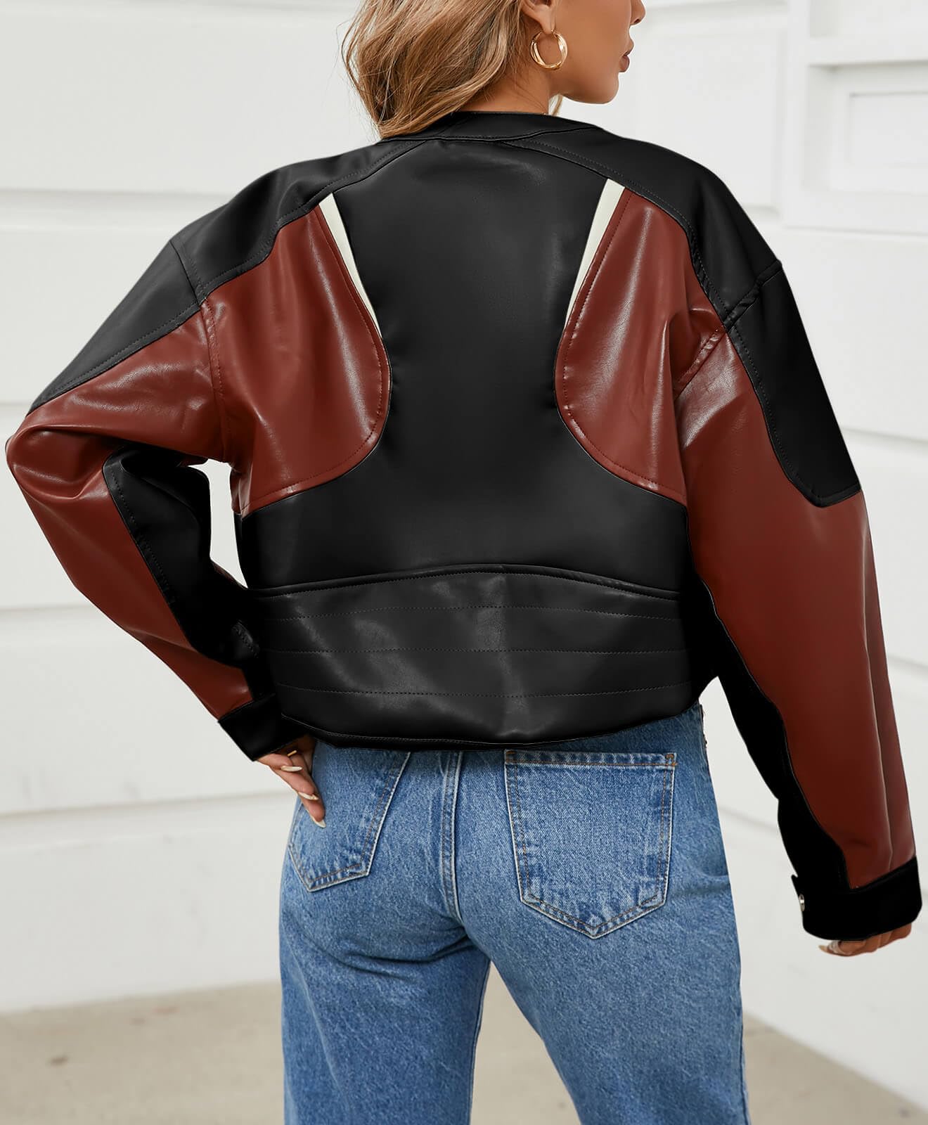 Tankaneo Womens Faux Leather Bomber Jackets Cropped Fall Moto Biker Coats