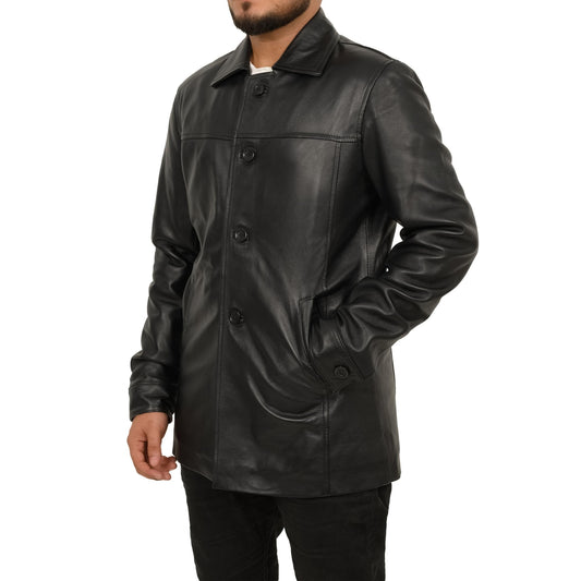 SAFYD® Mens Leather Coat - 3/4 Length Casual Car Coat Style Lambskin Long Leather Jacket Men (US, Alpha, XX-Large, Regular, Regular)