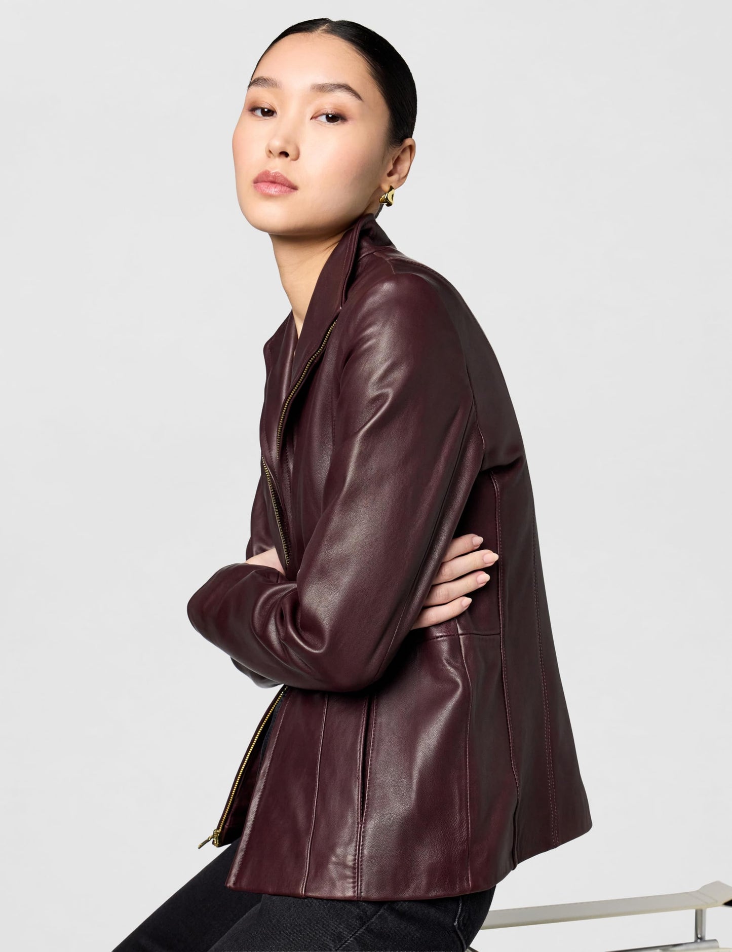 Cole Haan Women's Leather Wing Collared Jacket, Chianti, Small