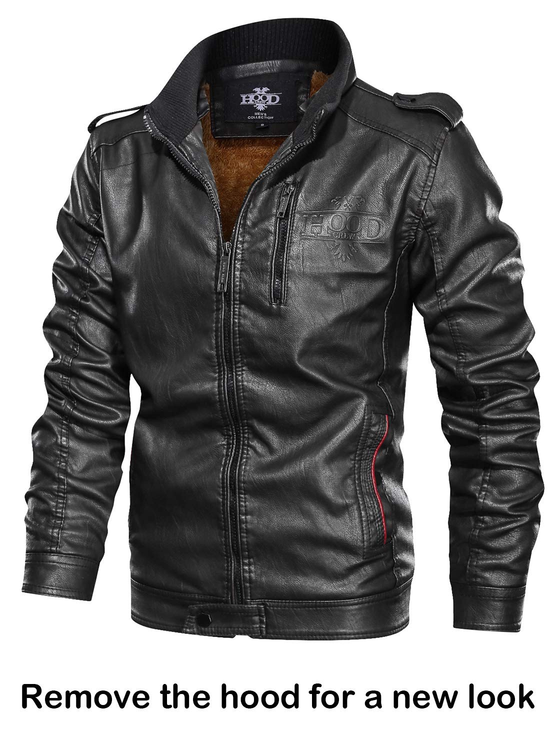 HOOD CREW Men’s Black Stand Collar Warm PU Faux Leather Zip-Up Motorcycle Jacket With a Removable Hood