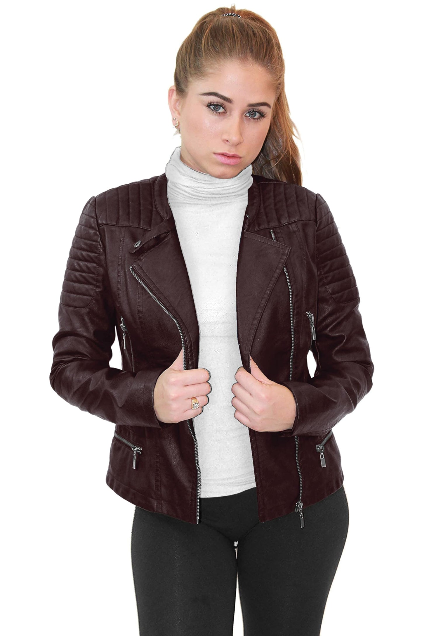 Olivia Miller Womens Faux Leather Zip Up Moto Biker Jacket JK5207S Burgundy Small
