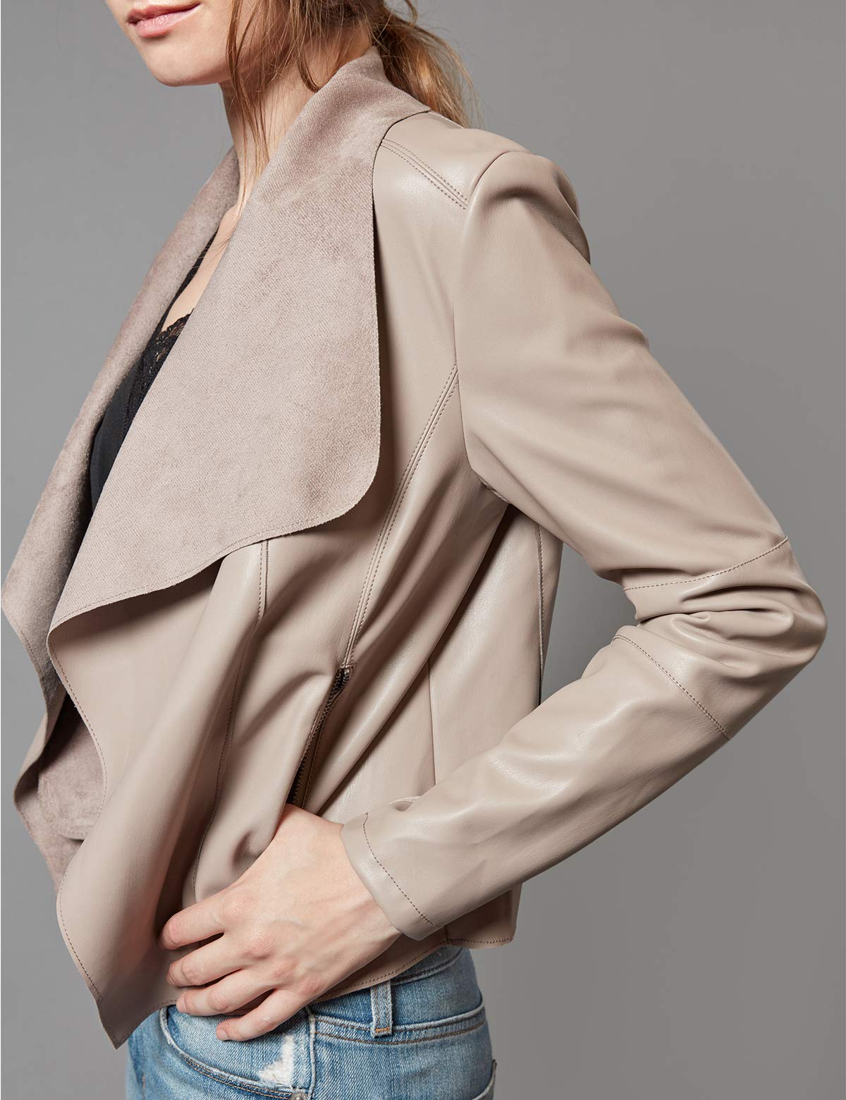 Escalier Women's Faux Leather Jackets Slim Open Front Lapel Blazer Jackets Khaki X-Large