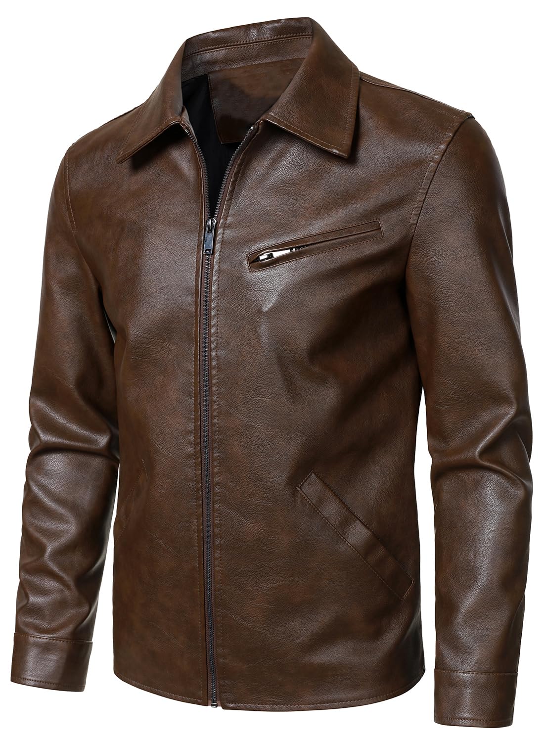 HOOD CREW Men’s Classic Faux Leather Jackets Turn Down Collar Leather Coat Lightweight Outerwear Biker Jacket Coffee M