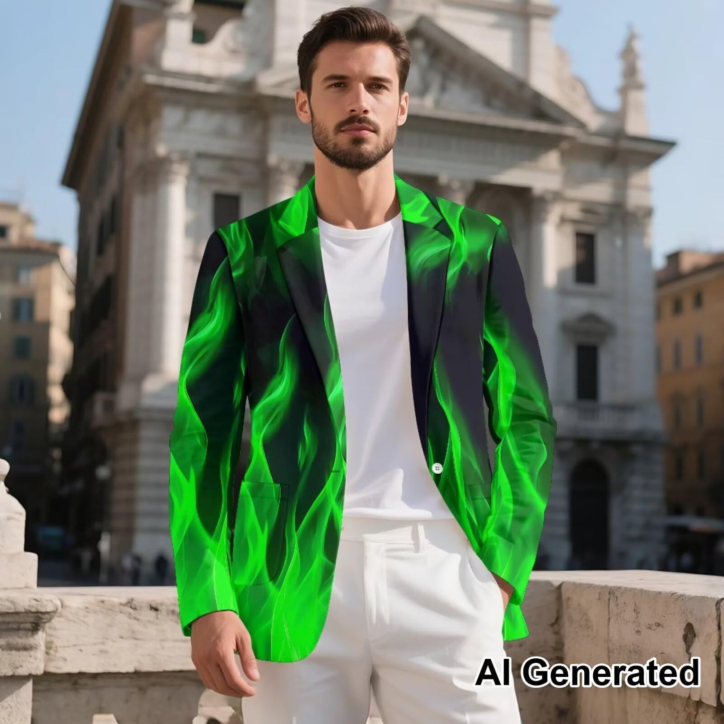 Zarisguat Green Fire Flame Men's Dress Party Suit Jacket Notched Lapel Slim Fit One Button Blazer Sport Coats Size M
