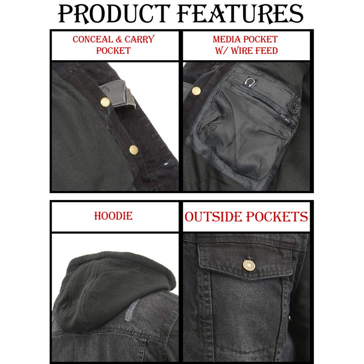 Milwaukee Leather Men's Classic Motorcycle Denim Jacket For All Weather and Riding - Large