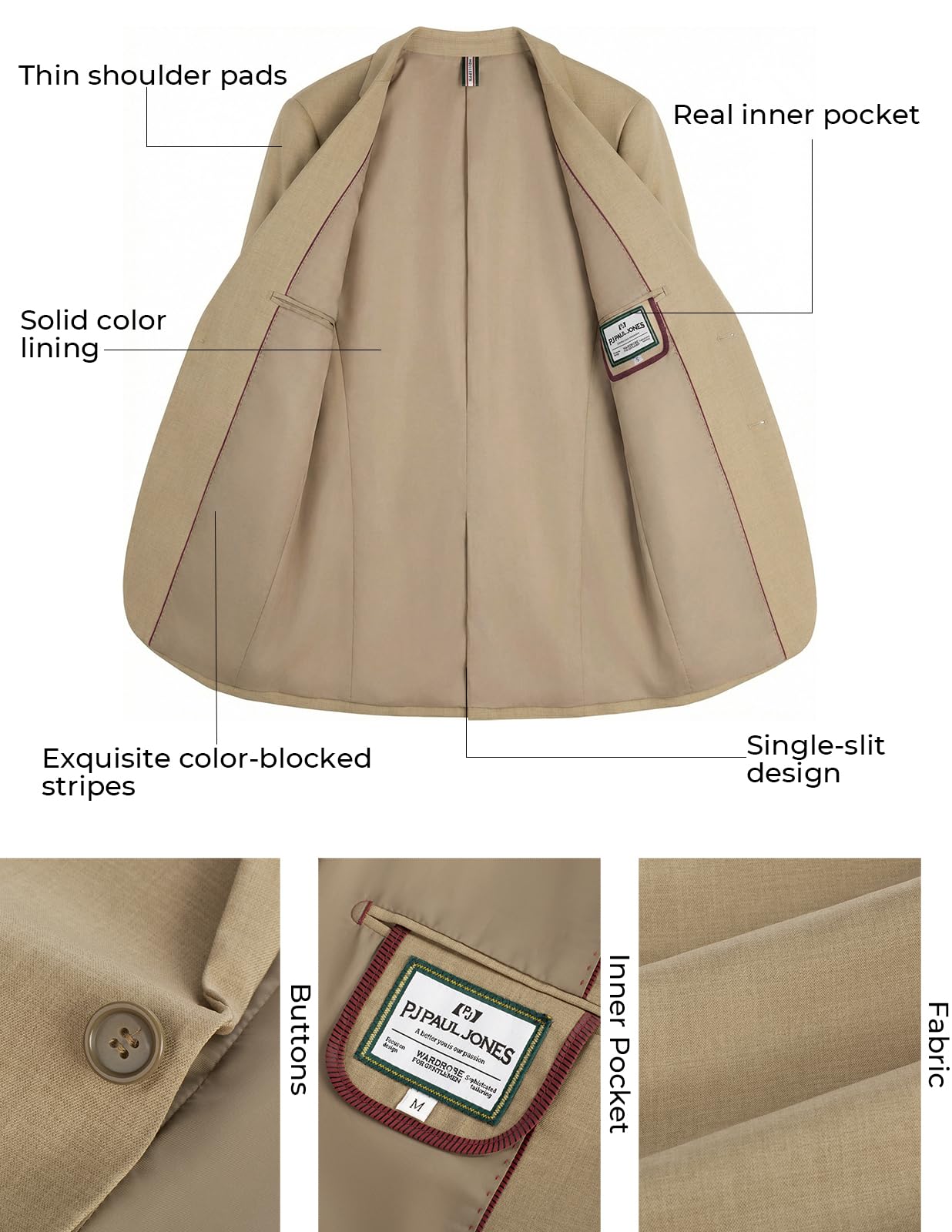 PJ PAUL JONES Mens One-Button Blazer Casual Lightweight Sport Coat Notch Lapel Solid Sport Jackets Khaki