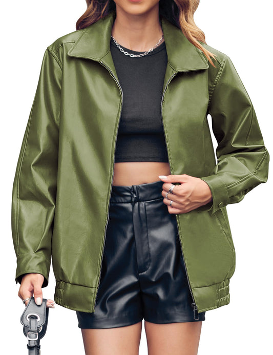 Miladusa Womens Leather Jackets Faux Fashion Zip Up Long Sleeve Solid Color Motorcycle Jacket with Pockets Military Green M