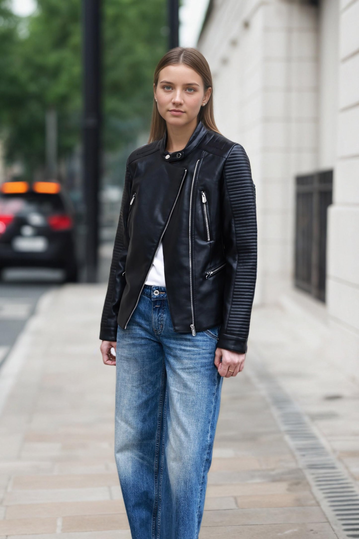 RISISSIDA Women Faux Leather Jacket,Premium Motorcycle Jacket,Vegan Pleather Fall Spring Fashion,Quilted Sleeves,Multi-Zipper Pockets,Asymmetrical Biker Style,Casual Stylish Coat Lapel Black 636 L