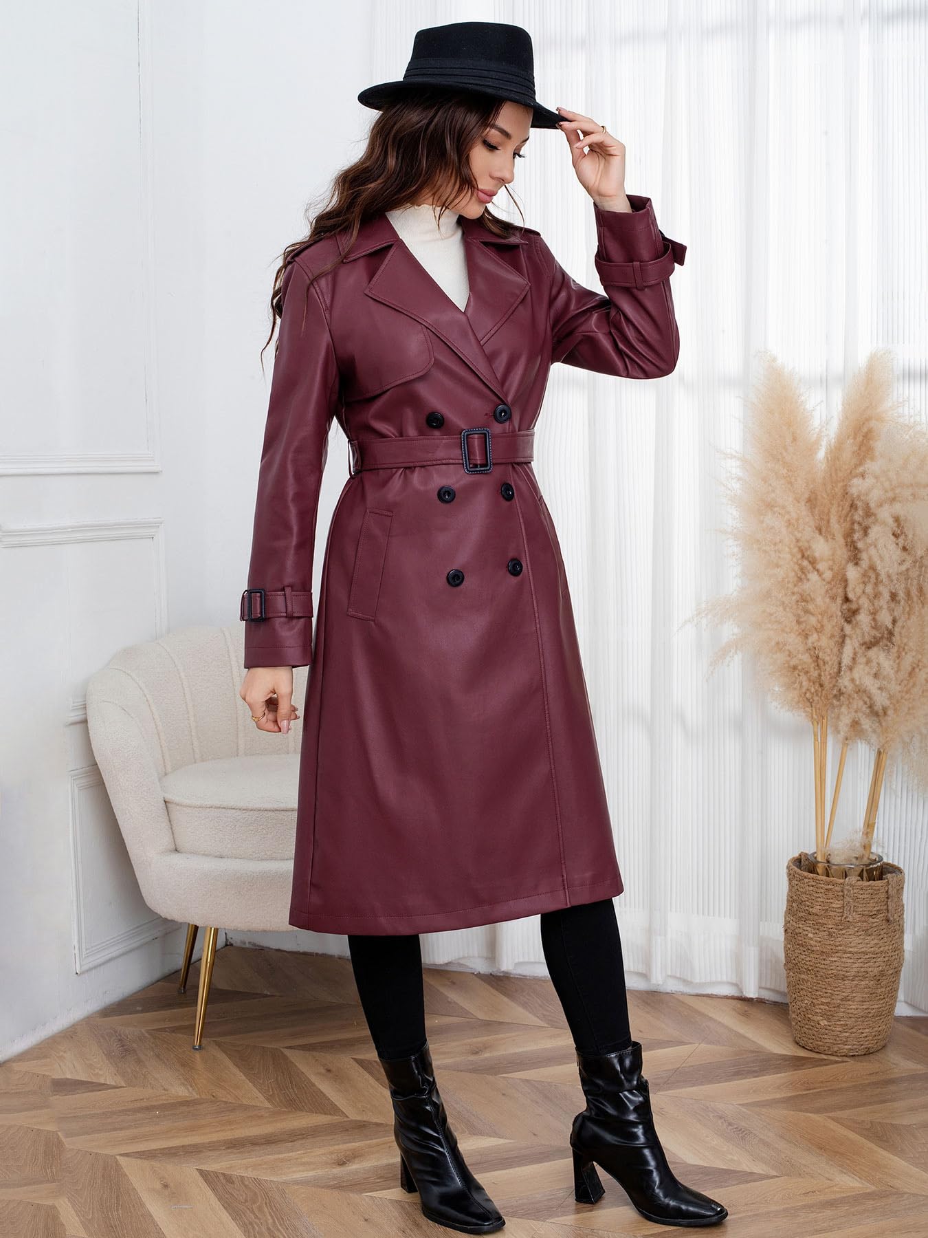 utcoco Women's Faux Leather Trench Coat Double Breasted Belted High Waist Long PU Leather Jacket Fall Winter Outerwear (XX-Large, Wine Red)