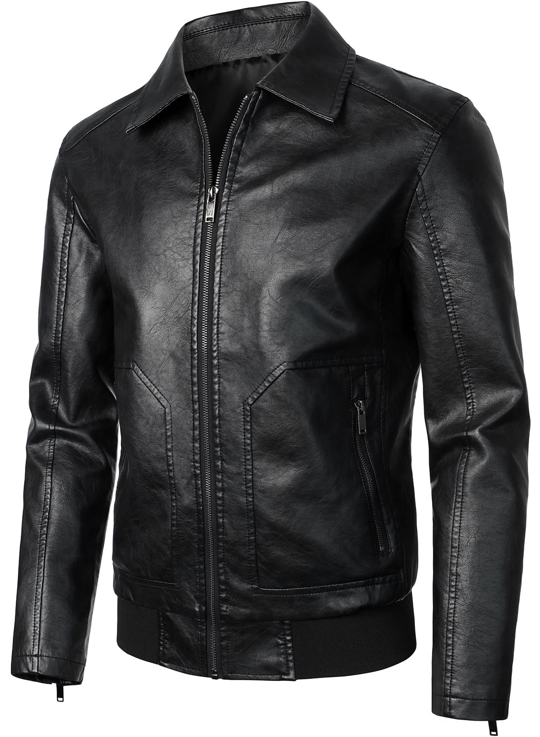 HOOD CREW Mens Faux Leather Bomber Jacket Classic Style Motorcycle Jackets Black S