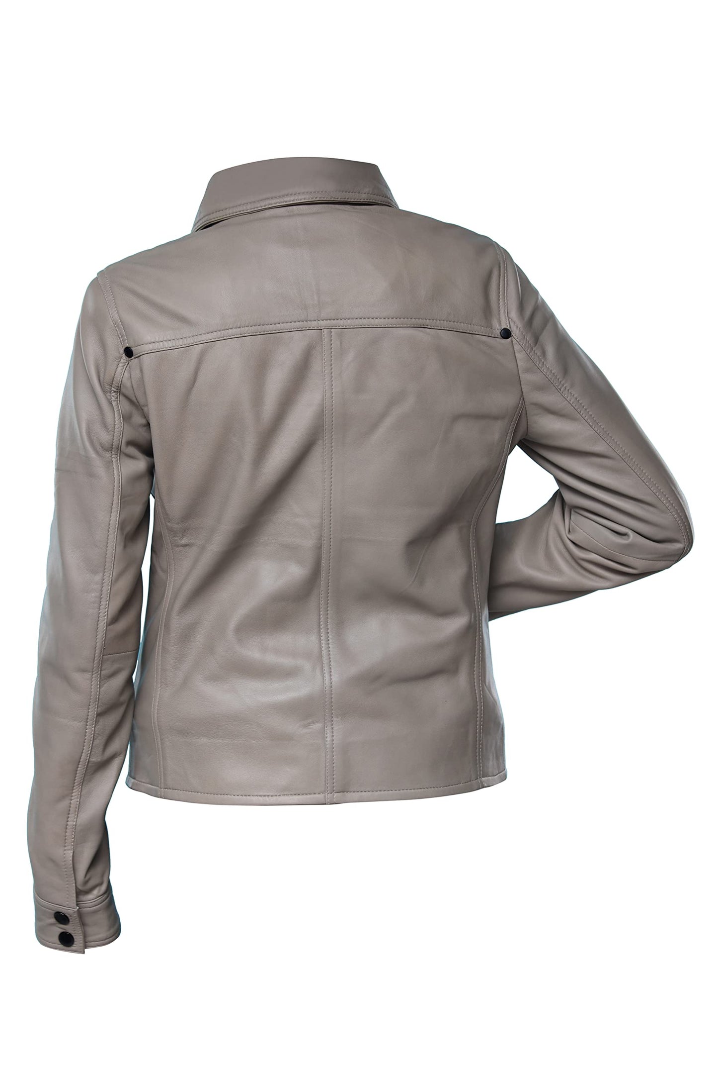 Jild Womens Button Front Lambskin Leather Jacket Shacket - Casual Shirt Long Sleeve Leather Jacket Women with Bust Pocket (Grey-L)