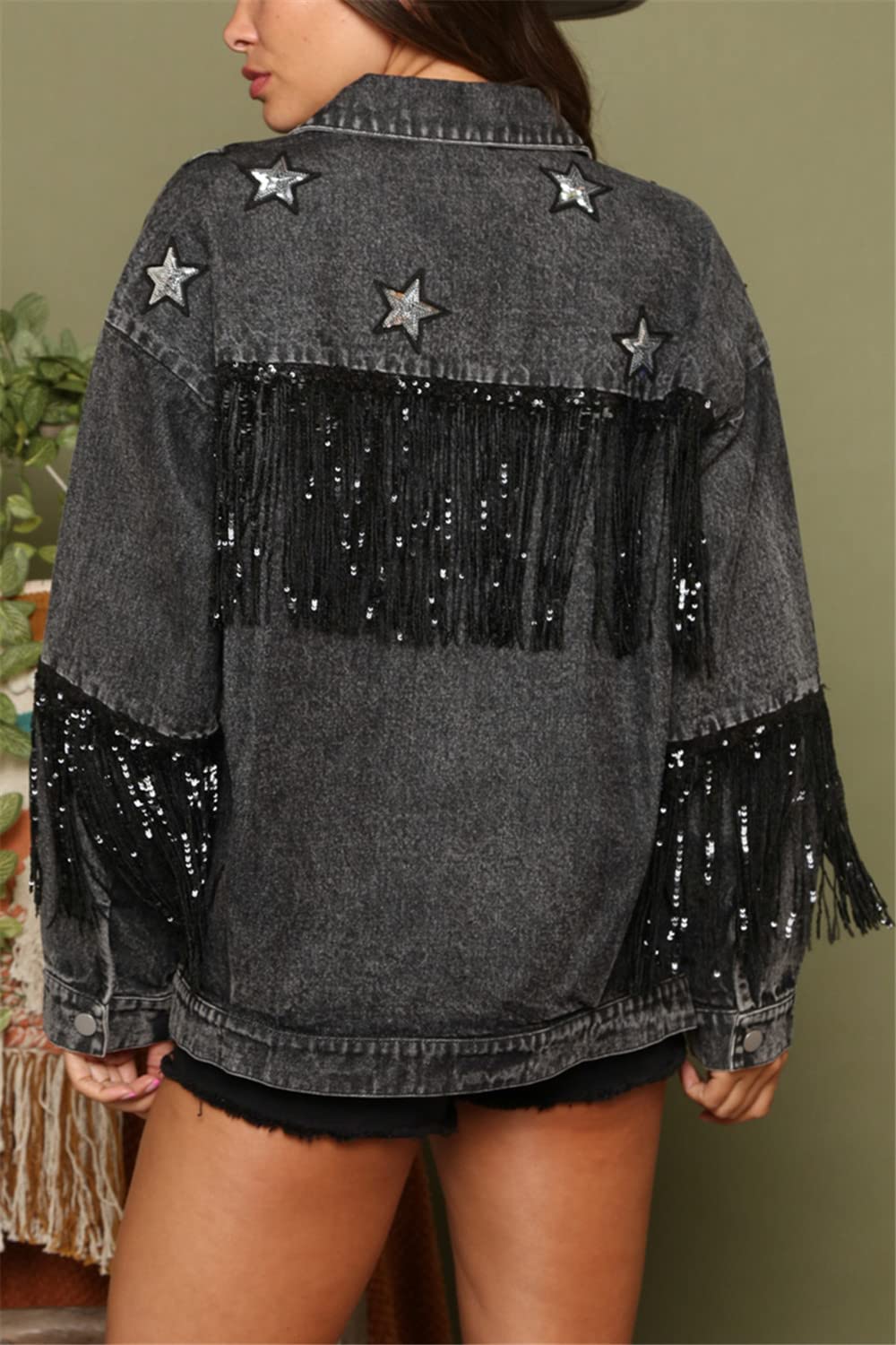 CYLADY Womens Denim Jacket with Fringe Rhinestones Long Sleeve Casual Tassel Jean Jacket Large