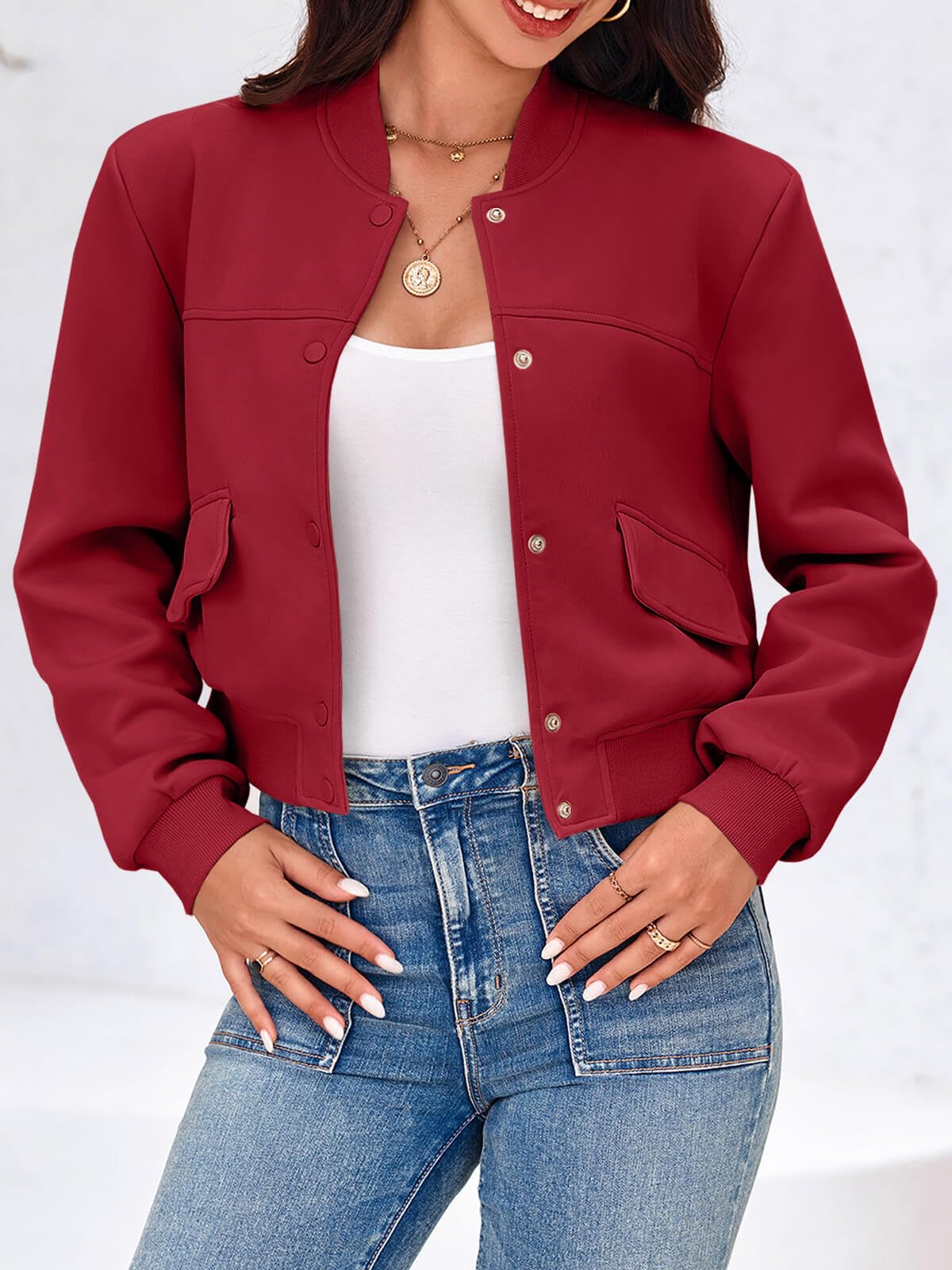 Tankaneo Womens Cropped Bomber Jackets Casual Button Down Long Sleeve Stand Collar Varsity Shacket Coats