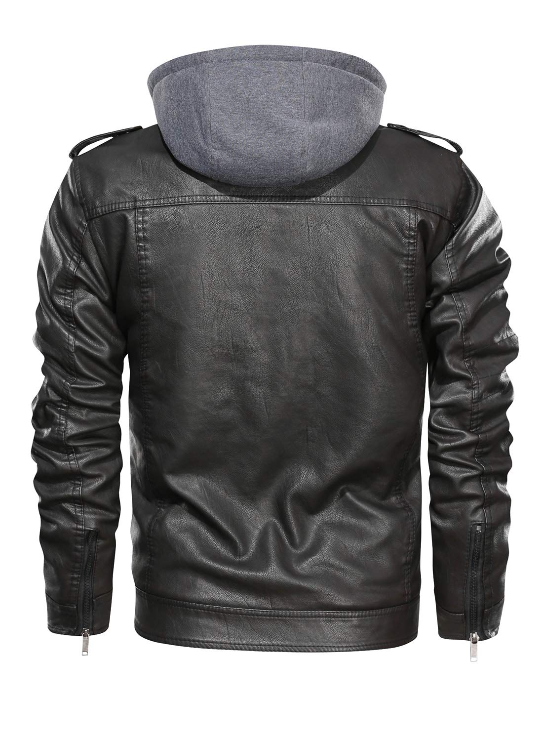 HOOD CREW Men’s Black Stand Collar Warm PU Faux Leather Zip-Up Motorcycle Jacket With a Removable Hood