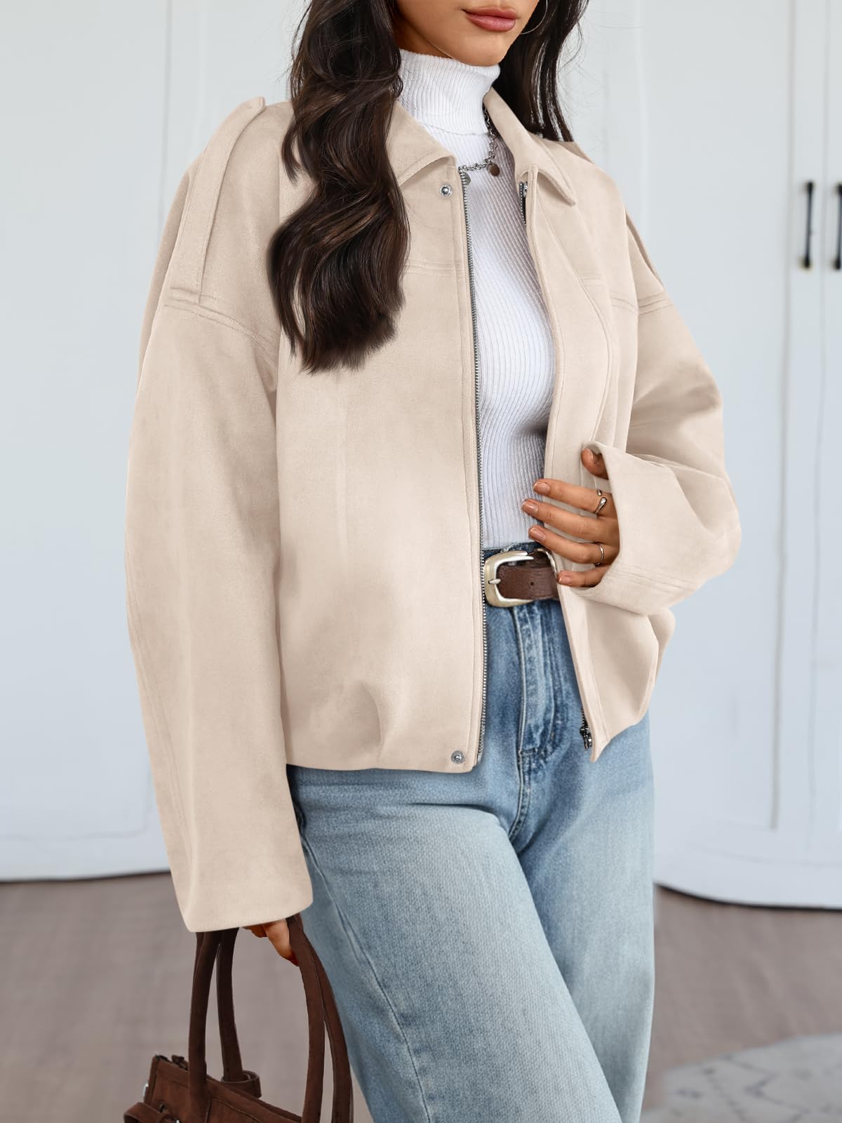 Trendy Queen Womens Oversized Leather Jacket Bomber Coat, Apricot, M