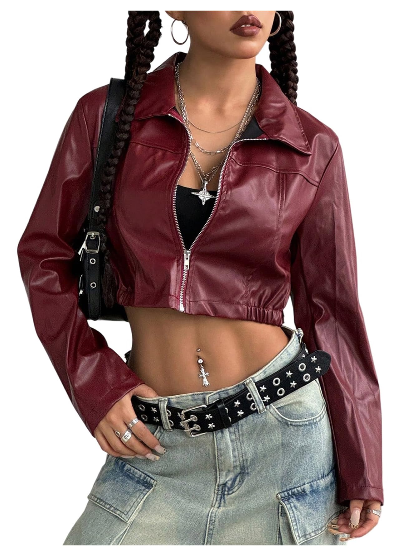 Verdusa Women's Motorcycle Leather Race Car Jacket Cropped Streetwear Lightweight Long Sleeve Outerwear Burgundy Medium