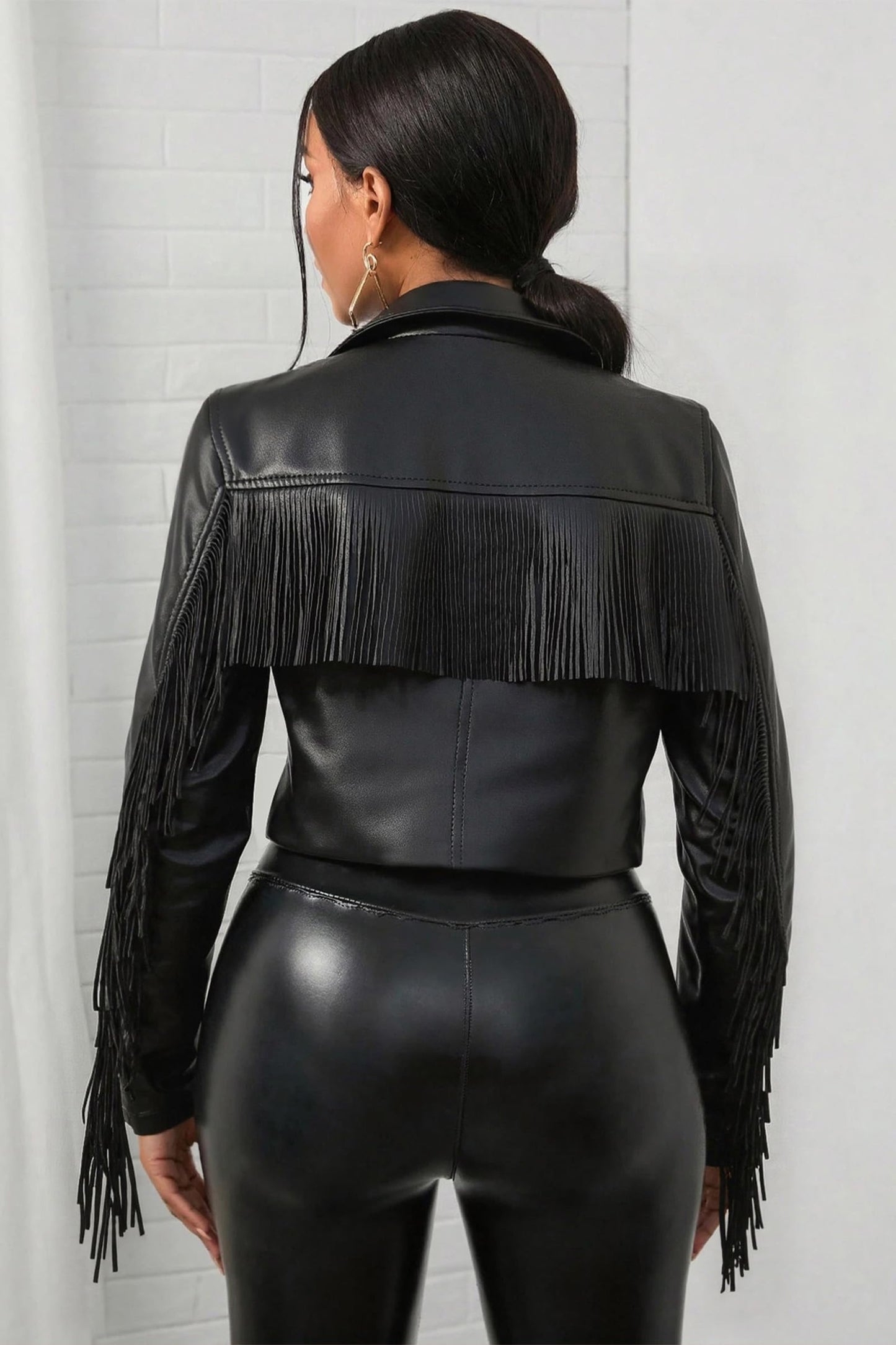 XULIKU Women Faux Leather Jacket, Fall Spring Lapel Short Cropped Vegan Zipper Up Fringe Tassel Trim Pleather Coat with Belt,Pocketless,Black,XL