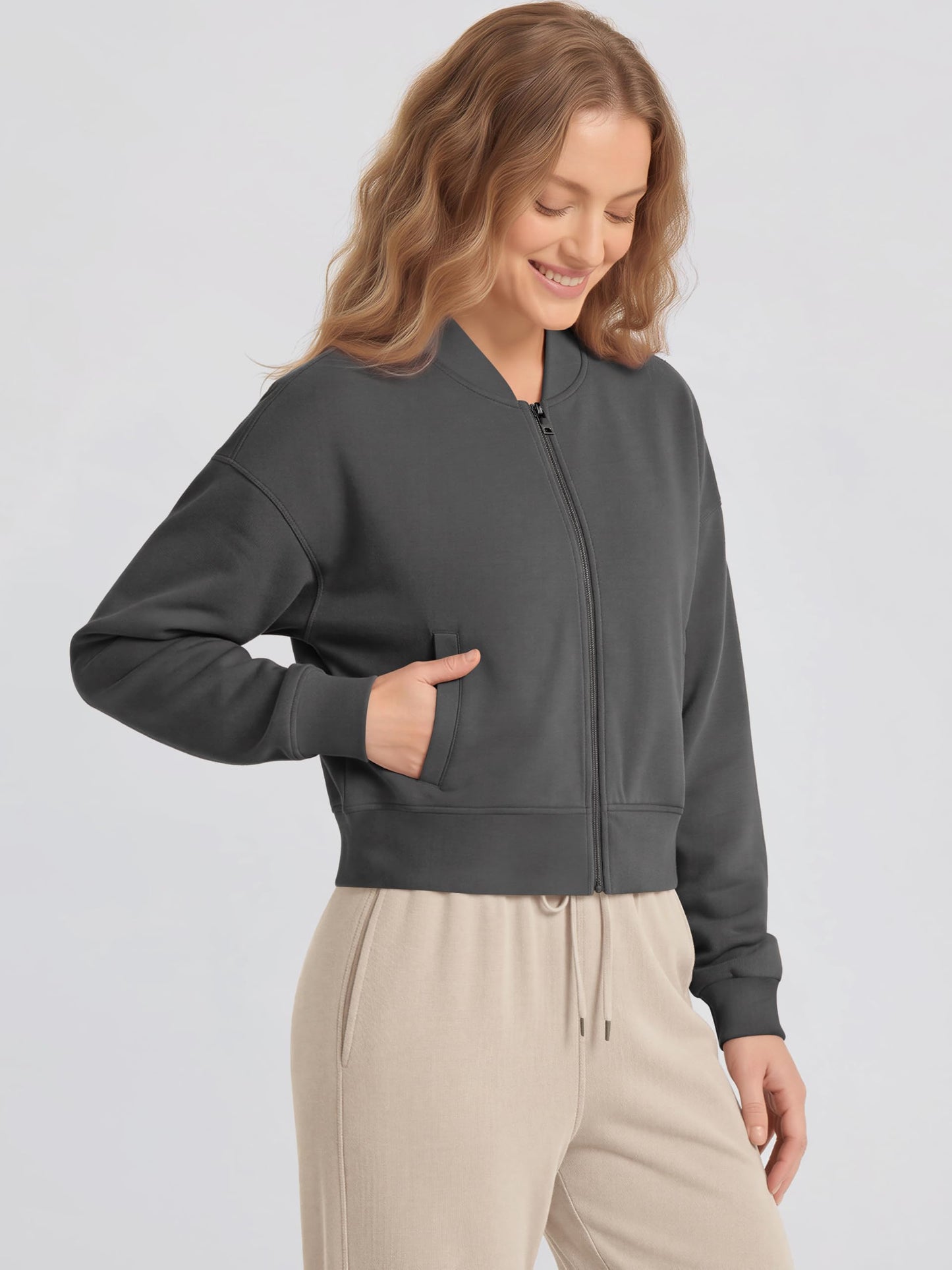 ODODOS Modal Soft Full-Zip Bomber Jacket for Women Long Sleeve Casual Fall Outfit Crop Top with Pockets, Charcoal, Large