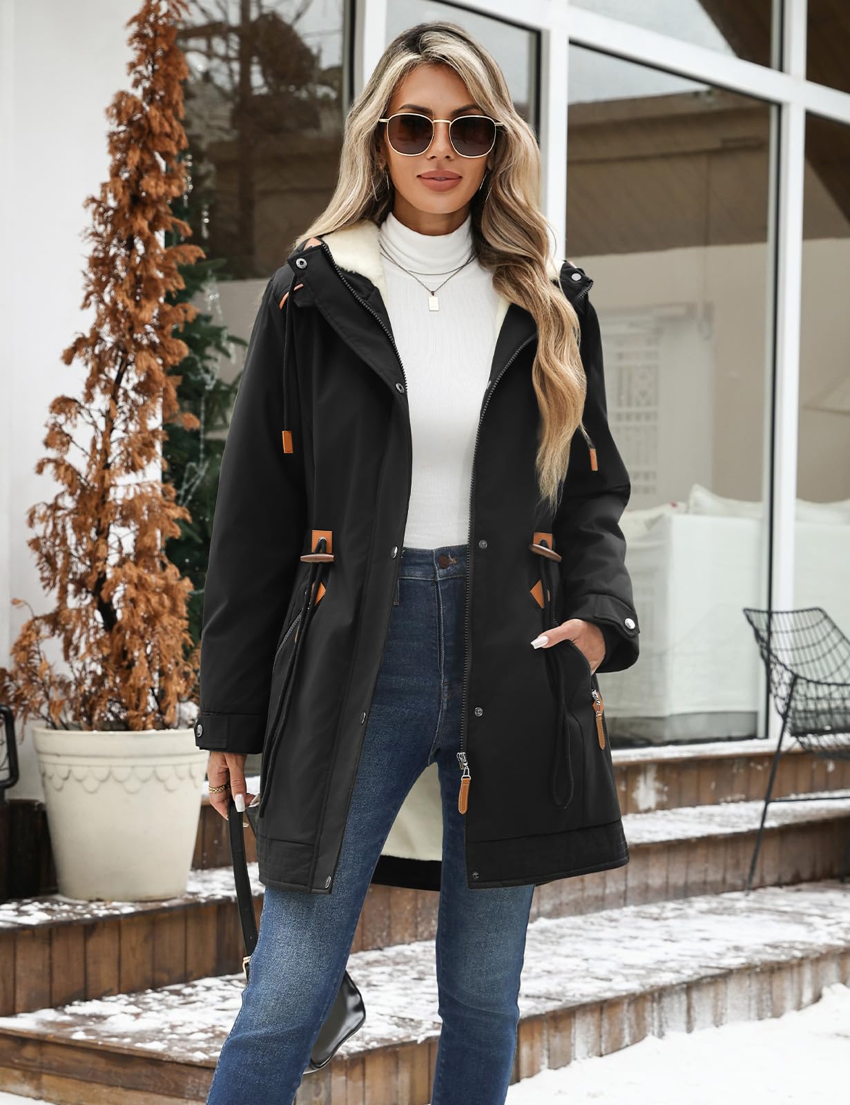 HEEKPEK Women's Winter Coats Thicken Soft Fleece Lined Parka Jacket Hooded Warm Coat Outerwear with Pockets Overcoat Snow (Black,Large)