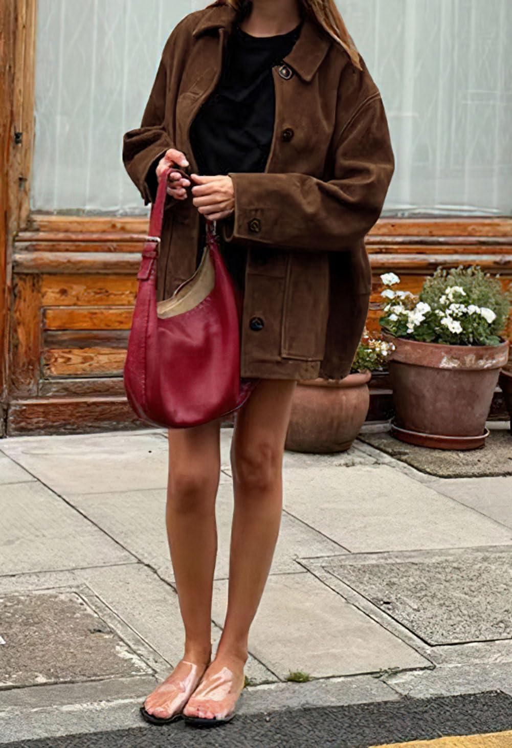 chouyatou Women's Fall Boyfriend Faux Suede Leather Jacket Casual Midi Long Button Down Shacket Coat (Medium, Coffee)