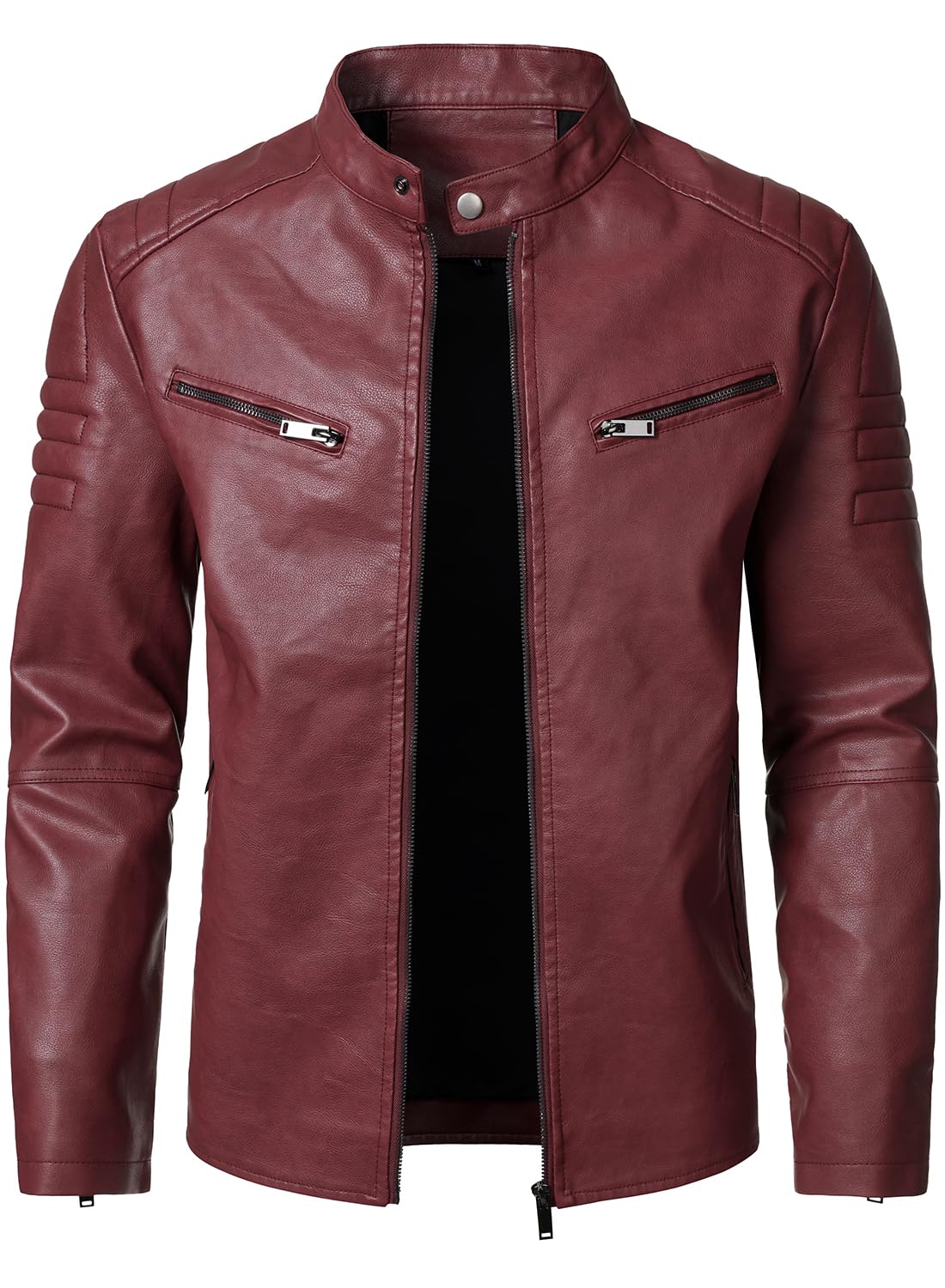 HOOD CREW Men’s Faux Leather Motorcycle Jackets Stand-up Collar Leather Jacket Vintage Coats Outwear Red M